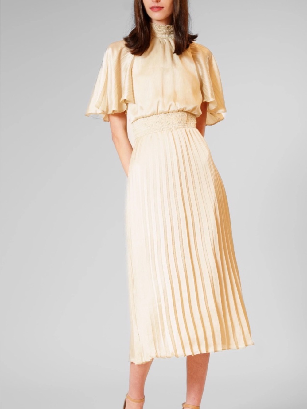 julia jordan Cream Pleated Midi Dress with Smocked Waist